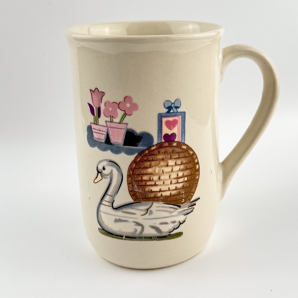 Vintage Cream Ceramic Mug with Swan and Floral Accents
